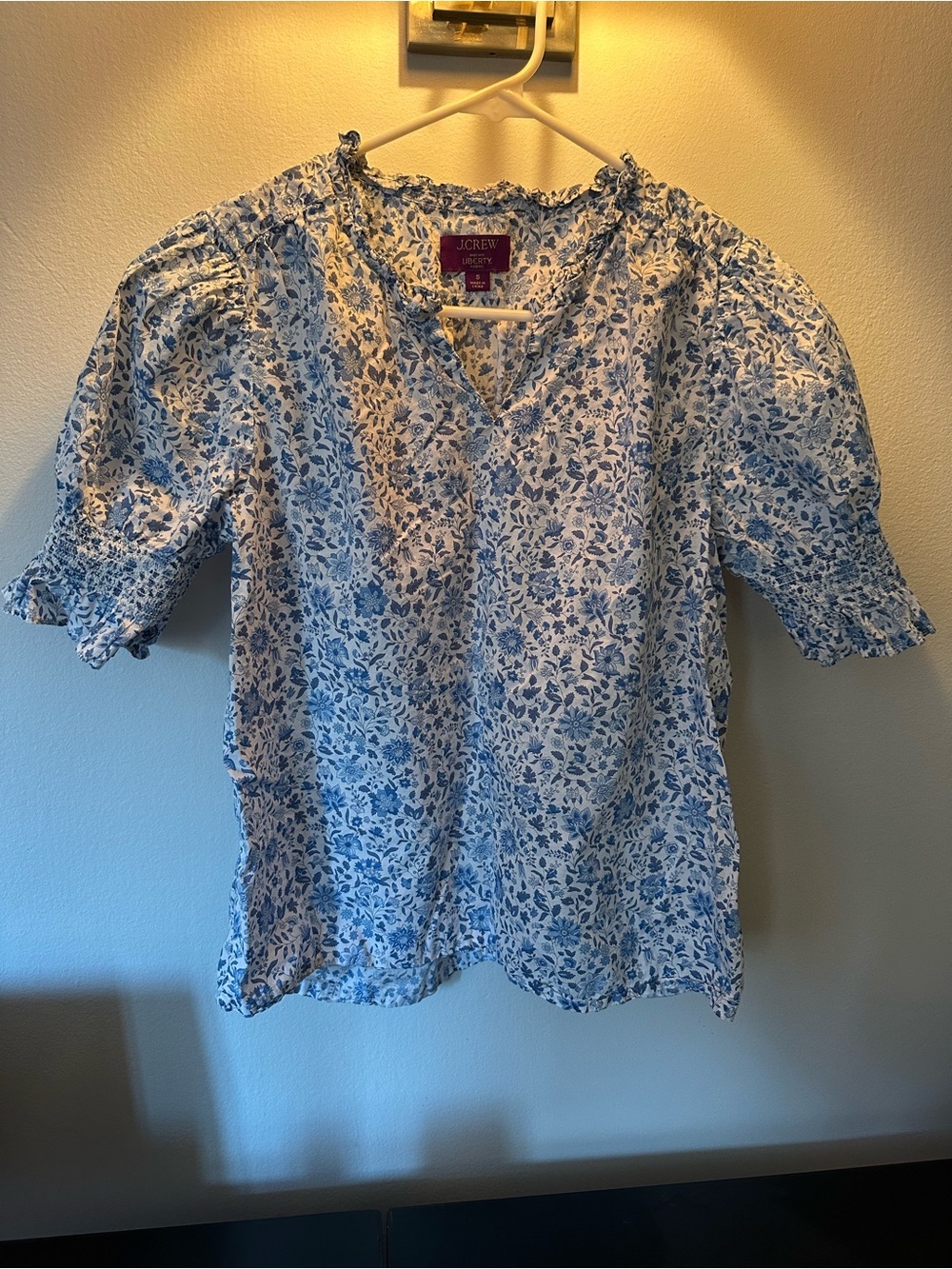 J. Crew Liberty Blue Floral Puff-Sleeve V-Neck Blouse